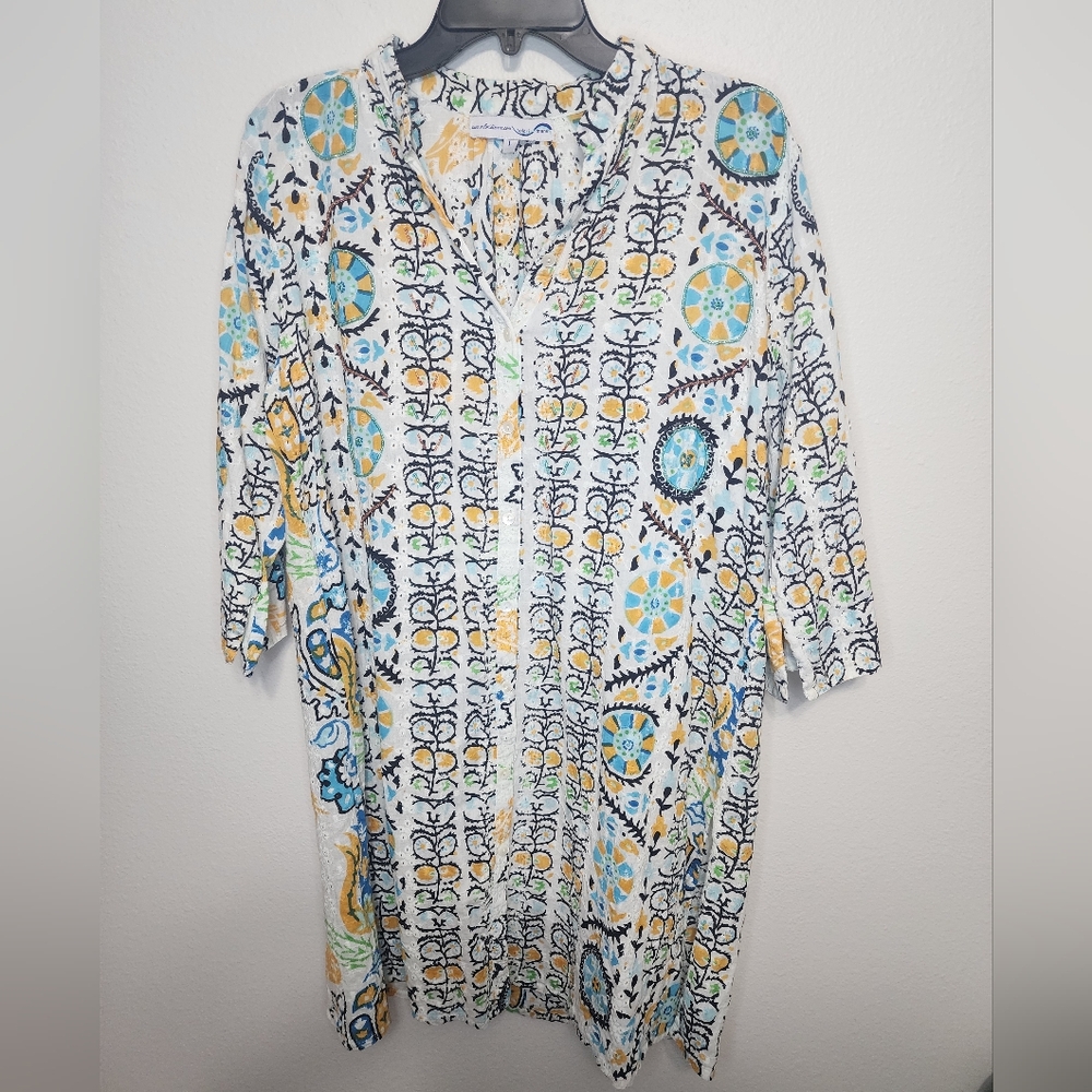 Colori di mare blue green yellow white tunic top boho size large